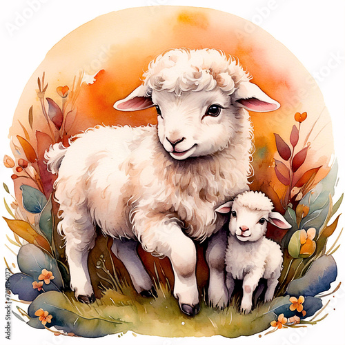 Cute baby sheep with flowers watercolor styles