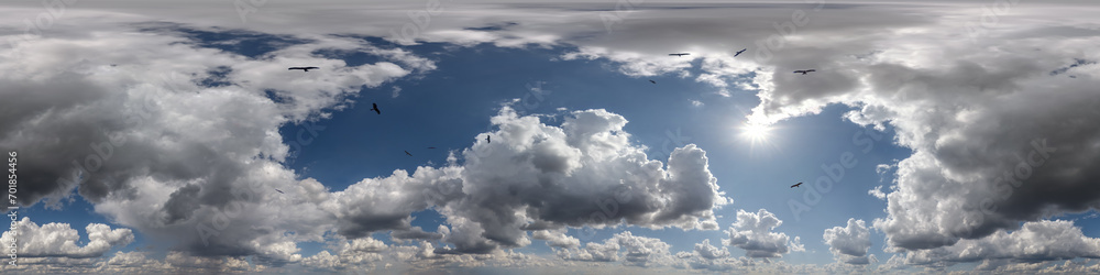 360 hdri panorama of blue overcast skydome with flock of birds in cumulus clouds, seamless sky panorama view with zenith for use in 3d graphics or game development or edit drone shot 360 hdri panorama of blue overcast skydome with flock of birds in cumulus clouds, seamless sky panorama view with zenith for use in 3d graphics or game development or edit drone shot