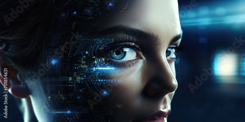 Future woman with_ cyber technology eye panel concept