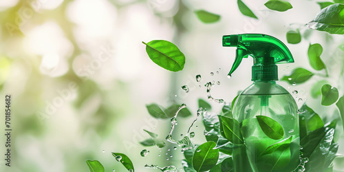 eco friendly cleaning green spray detergent in bottle, concept of spring cleaning housekeeping housework, clean bathroom house with sustainable environmentally friendly bio organic cleaning liquid photo