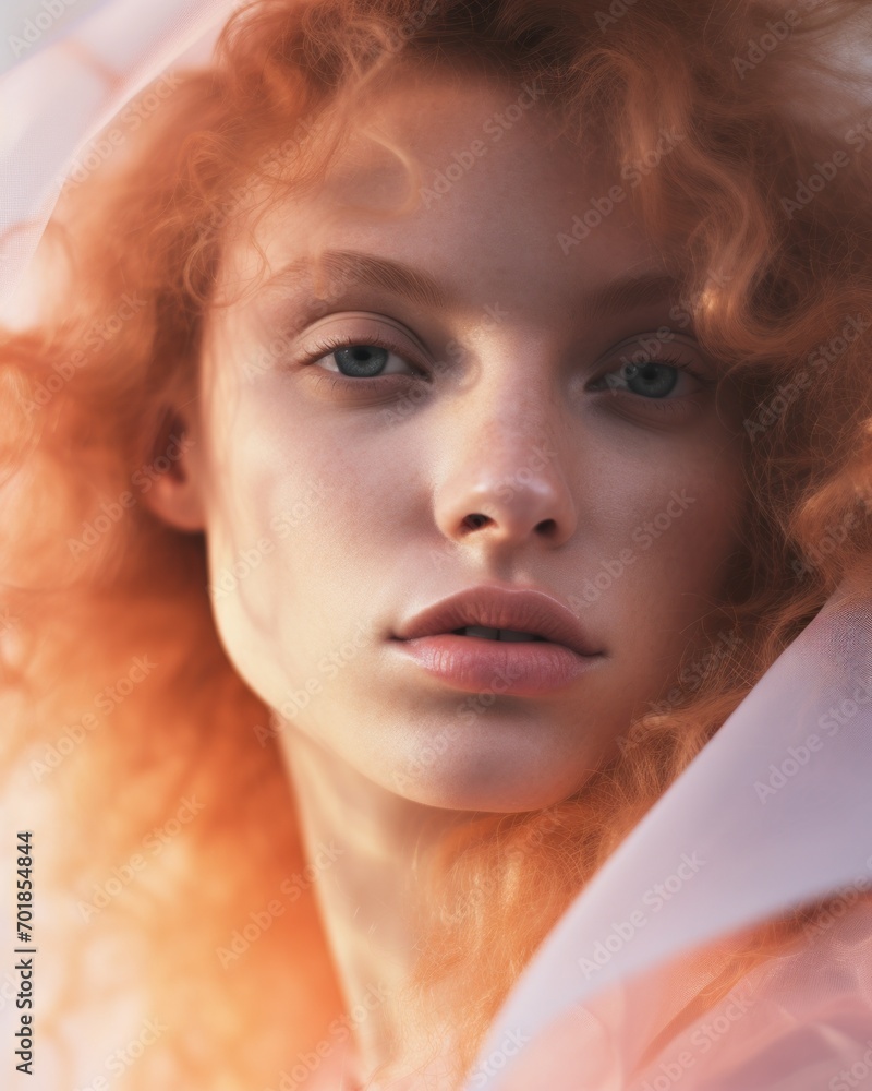 A warm-toned portrait of a woman surrounded by orange light and flowing fabric A warm-toned portrait of a woman surrounded by orange light and flowing fabric
