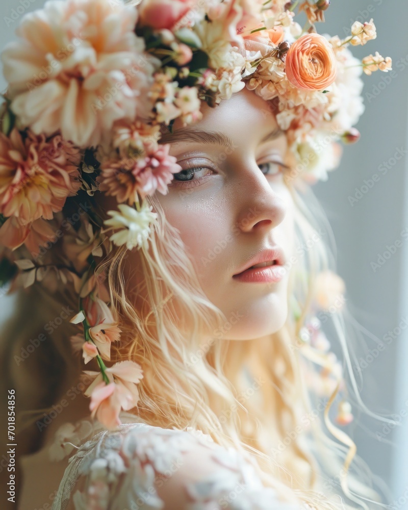 Dream-like portrait of a woman wearing a dense floral crown, seen through a window