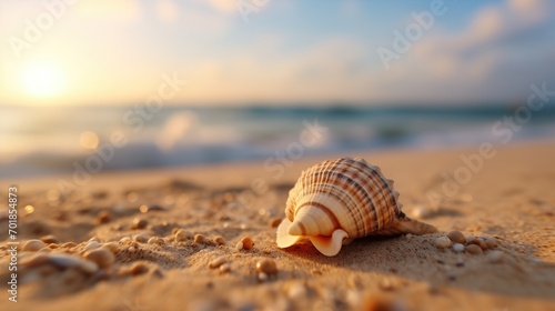 A close-up of a seashell on the sand on the beach in the back-light of sunset, background, generative ai