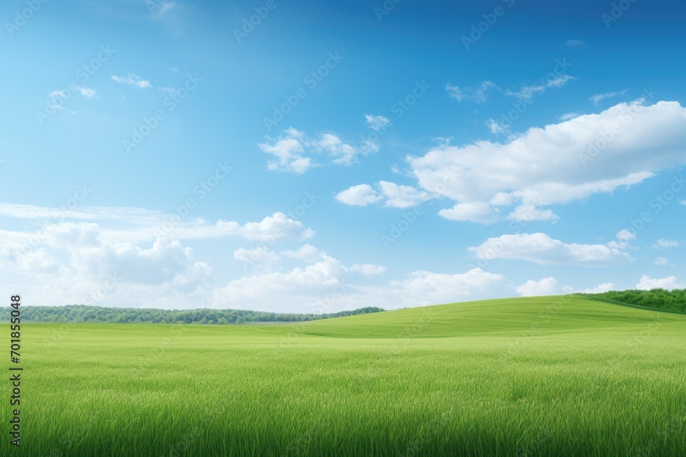 Green field and blue sky with white clouds. Nature background. Copy space.  