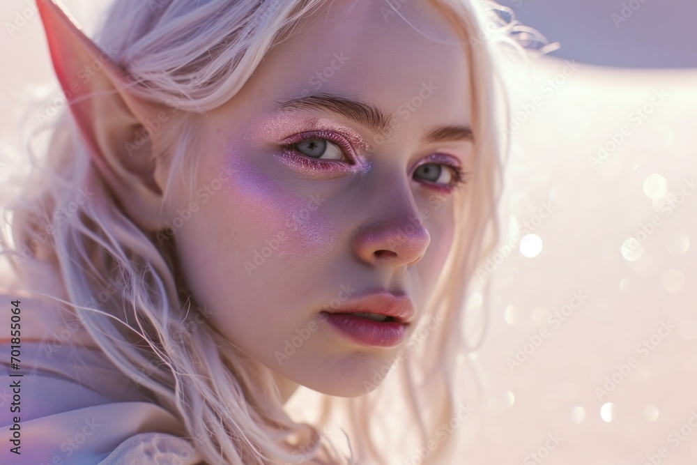 Close-up portrait of a fantasy elf woman with pink shimmering makeup and white hair against a soft background