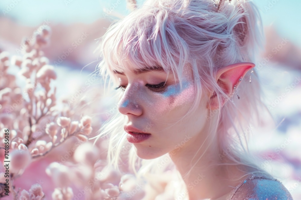 Serene portrait of an elf woman with pastel-colored makeup in a whimsical floral setting Serene portrait of an elf woman with pastel-colored makeup in a whimsical floral setting