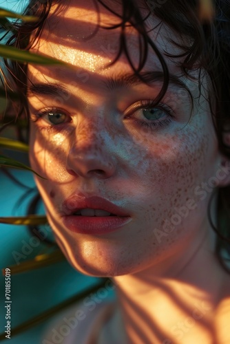 Golden hour sunlight illuminates a freckled woman's face among palm leaves