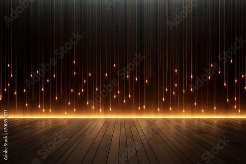 Wooden wall and floor with glowing lights. space for text 