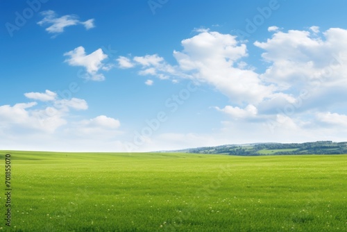 country landscape. a bright green field  blue sky with clouds on a clear day. a place for the text.