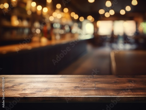 blurred background of restaurant bar and dark brown wood desktop in retro style