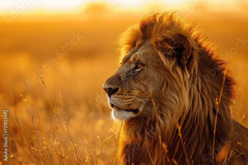 The regal profile of a lion against a golden savannah sunset