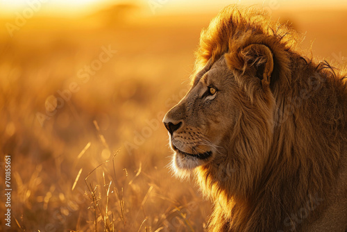 The regal profile of a lion against a golden savannah sunset