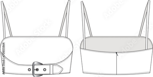 strappy crop  bustier blouse with belt template technical drawing flat sketch cad mockup fashion woman denim jean design style model
