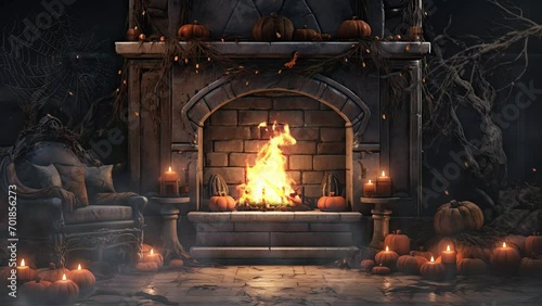 halloween night decorative with fireplace and bat in the house. seamless looping time-lapse virtual video animation background. photo