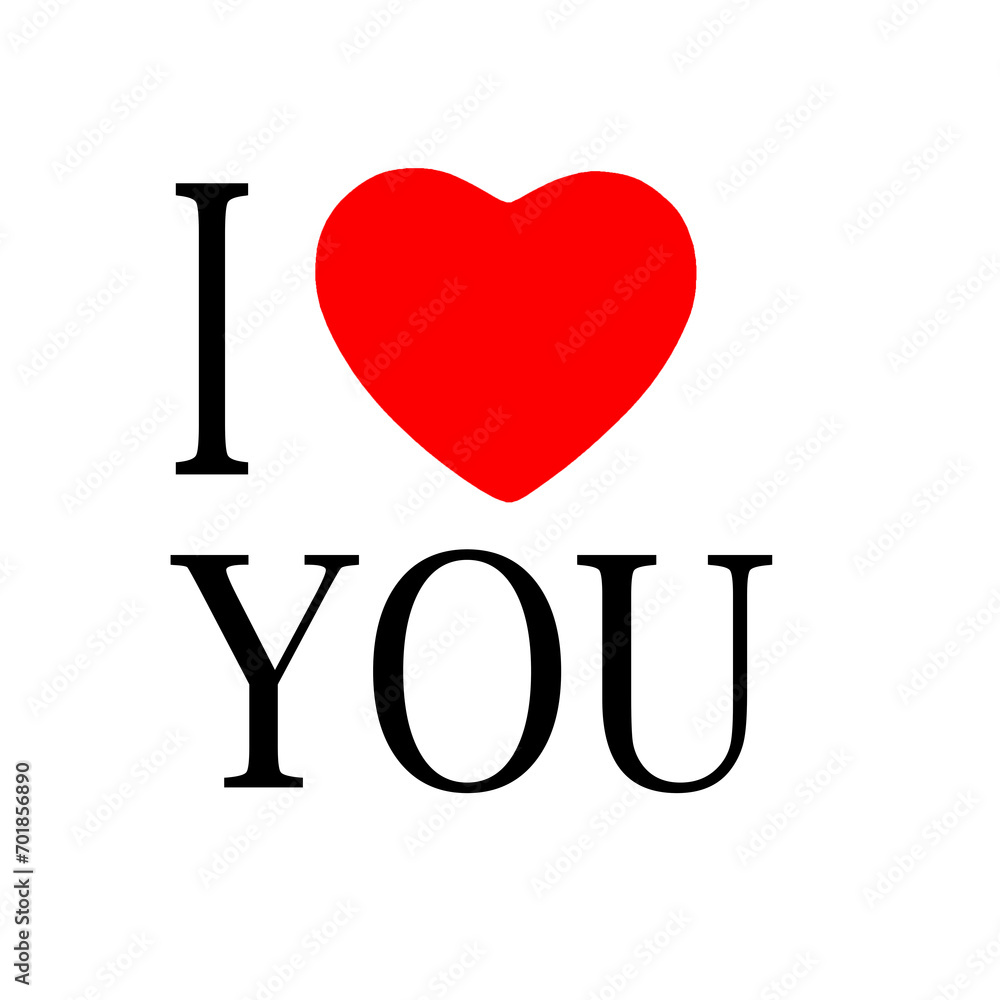 I love you with red heart isolated on white background.