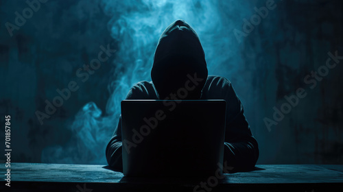 Silhouette of a person in a hoodie working on a laptop in a dark room, with a blue light emanating from the screen.