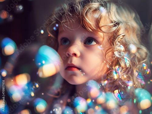 image of a little girl having fun while playing with soap bubbles