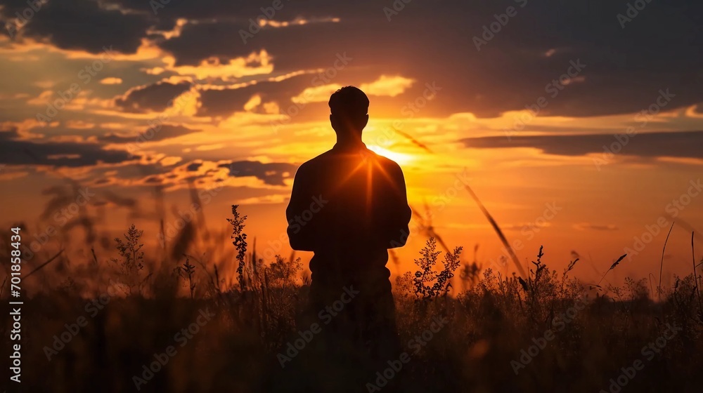 The concept of contact with God through prayer, belief in supernatural powers, silhouette of a praying man