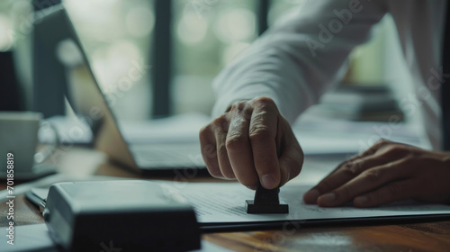 Close-up of a man's hand holding a rubber stamp, poised to stamp a document on a desk photo