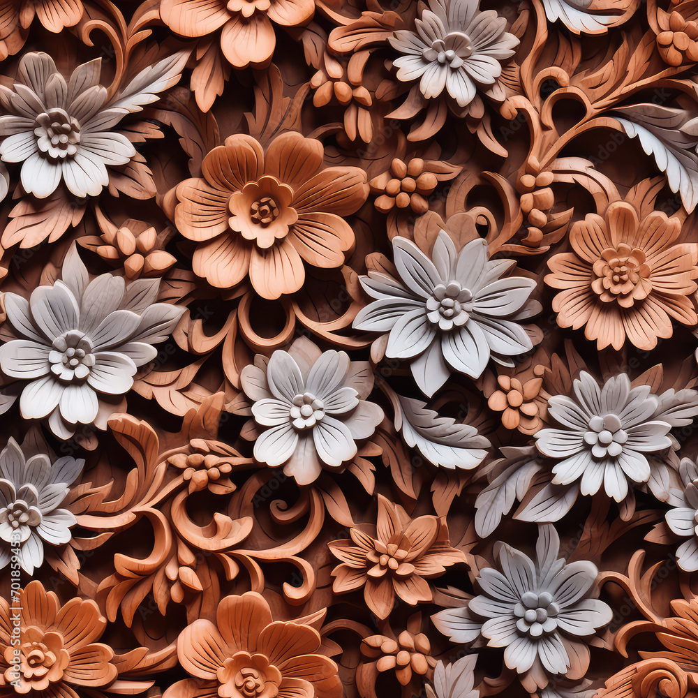 Seamless decorative wooden flowers pattern background