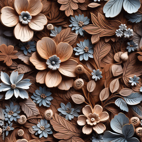 Seamless decorative wooden flowers pattern background