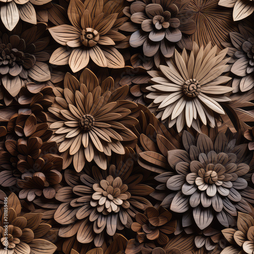 Seamless decorative wooden flowers pattern background