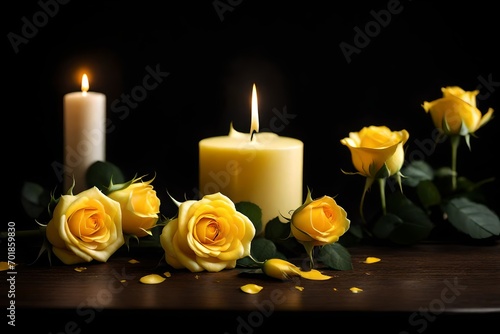 candles and rose petals Front view of Valentine’s Day romantic scene with gift, candles, petals of yellow roses, chimney fire and glasses of champagne. Concept about lifestyle, love and celebrations. 