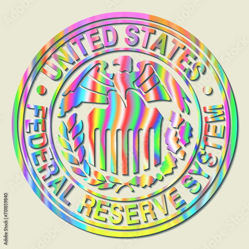Vector round rainbow seal of the usa federal reserve. Iridescent hologram. Logo or emblem.
