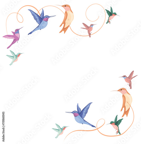 Spring frame with flying hummingbirds in vintage colors. Set of various hummingbirds. Vector image for banner, postcard, discounts, design.