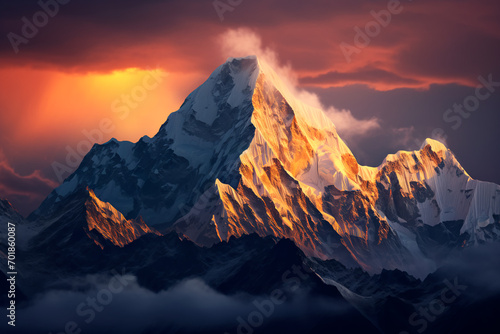 Mountains stand tall, basking in twilight's warm glow, embracing the serenity of dusk as shadows dance on their majestic slopes.
