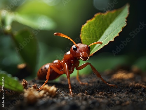 A close-up of a fire ant carrying a leaf