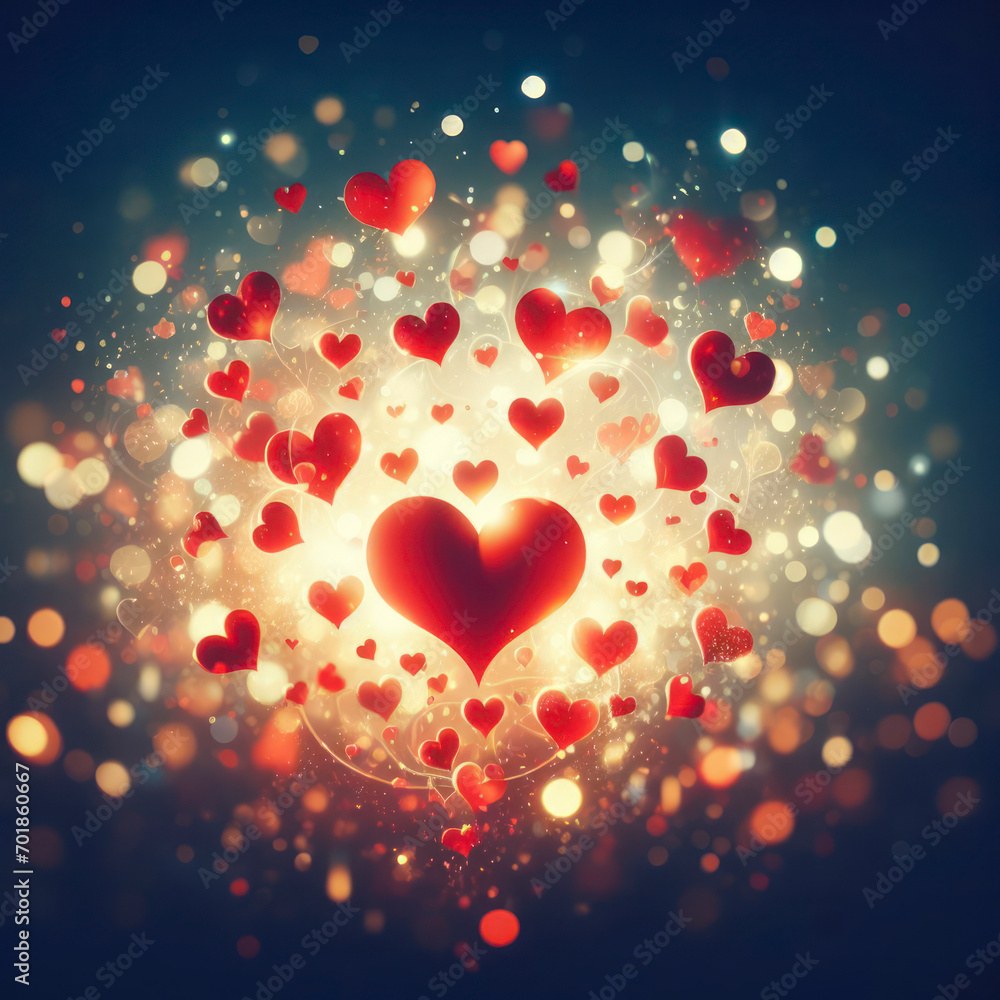 Happy Valentines day. Valentines day background with red hearts on bokeh background. ai generative