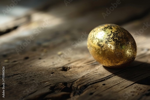 Close-up of a golden egg with a cracked texture  placed on an aged wooden surface with natural light highlighting its curves.