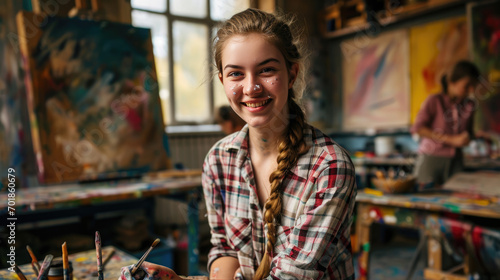 Joyful young artist with paint on her face and clothes is standing in a colorful art studio filled with paintings.