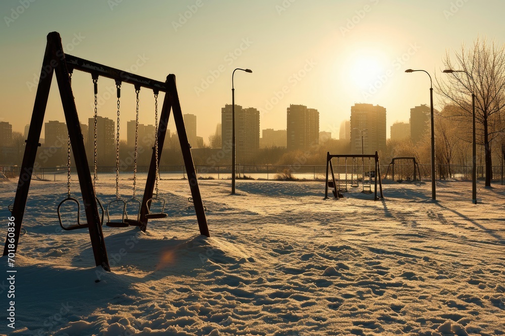 Fototapeta premium Empty children's playground covered in snow on a sunny winter day, with long shadows and bright sunlight