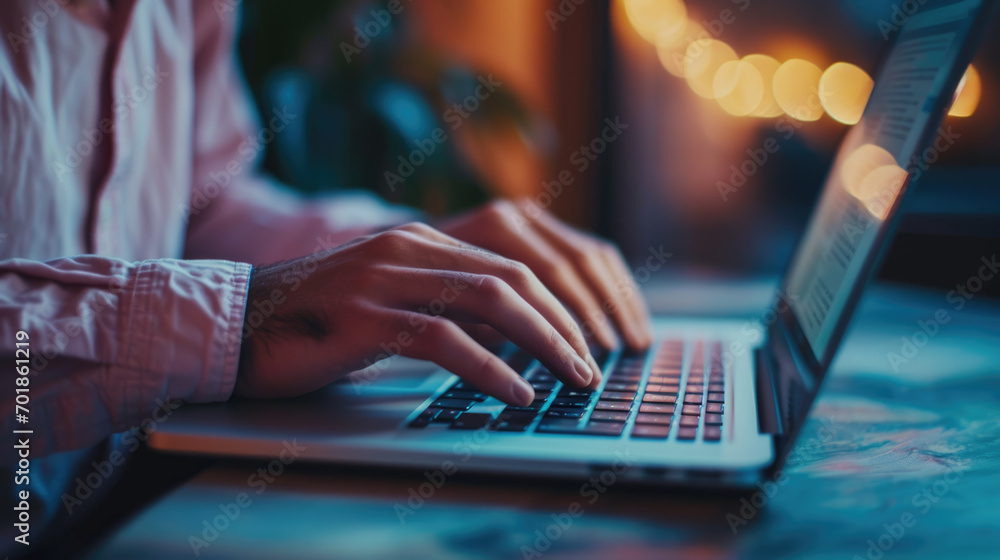 Close-up of a person's hands typing on a laptop keyboard Close-up of a person's hands typing on a laptop keyboard