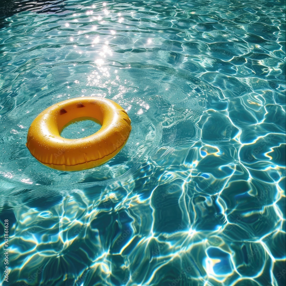 A bright yellow swim ring floats on the clear, rippling water of a swimming pool, with light patterns dancing below the surface A bright yellow swim ring floats on the clear, rippling water of a swimming pool, with light patterns dancing below the surface
