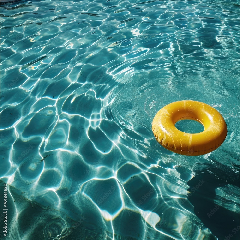 A bright yellow swim ring floats on the clear, rippling water of a swimming pool, with light patterns dancing below the surface A bright yellow swim ring floats on the clear, rippling water of a swimming pool, with light patterns dancing below the surface