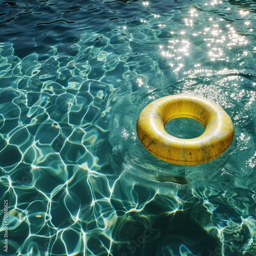 A bright yellow swim ring floats on the clear, rippling water of a swimming pool, with light patterns dancing below the surface