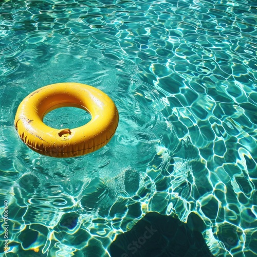 A bright yellow swim ring floats on the clear, rippling water of a swimming pool, with light patterns dancing below the surface