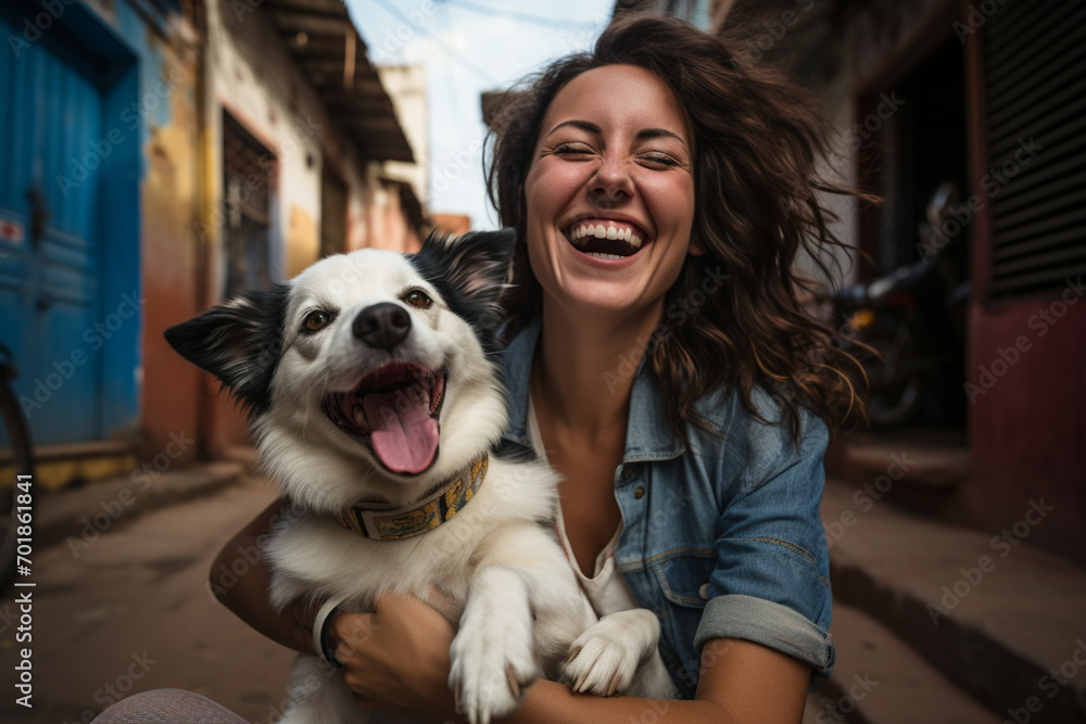 Closeup of female woman smilling and looking at camera with her dog