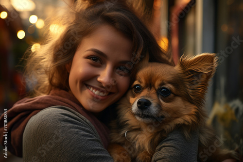 Closeup of female woman smilling and looking at camera with her dog