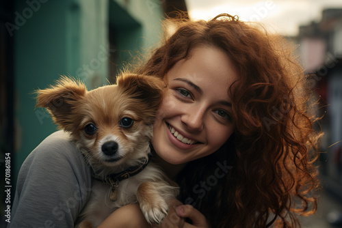 Close-up portrait of an attractive woman and a beautiful brown dog in the park. Love, care for a pet.