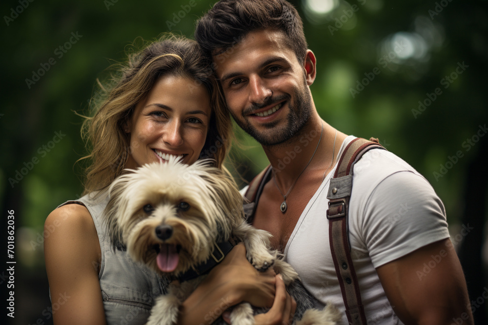 Young happy couple playing with their dog smiling in park