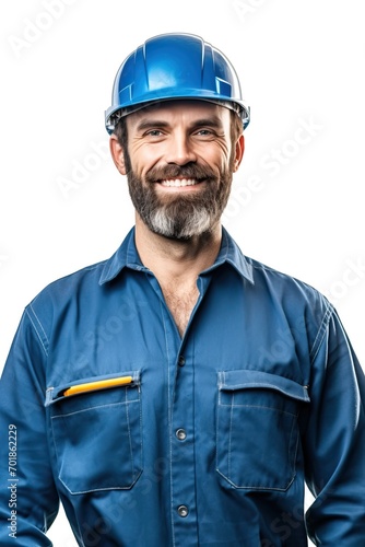 Smiling builder in helmet on white background