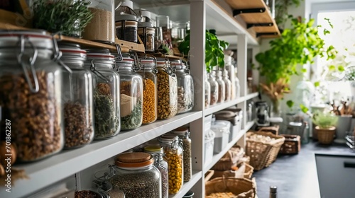 Fototapeta Naklejka Na Ścianę i Meble -  Shelves with spices, home pantry, jars with herbs