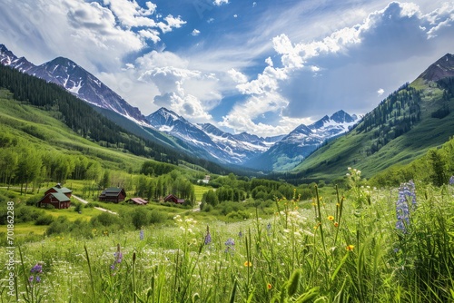 Breathtaking view of an alpine valley with lush green meadows dotted with wildflowers, framed by majestic snow-capped mountains under a dynamic sky.