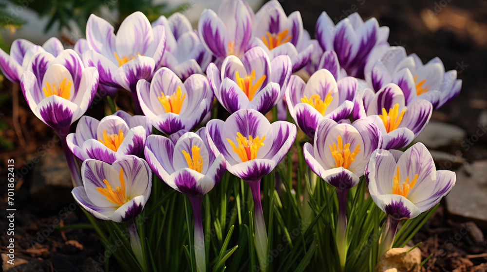 Purple and white crocuses with bright orange stigmas blooming amidst fallen leaves, capturing the essence of spring.