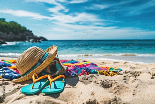 Straw hat and flip-flops resting on a colorful towel by the foamy sea edge  capturing the essence of a beach holiday