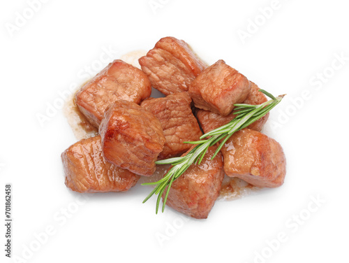 Pieces of delicious cooked beef and rosemary isolated on white, top view. Tasty goulash